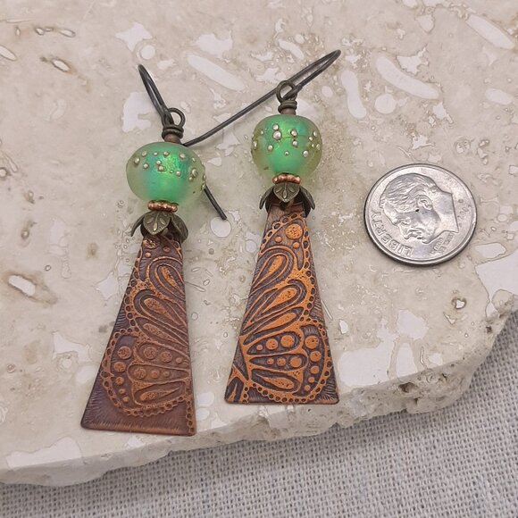Embossed Copper Butterfly Wing Lampwork Boho Earrings - Picture 5 of 5